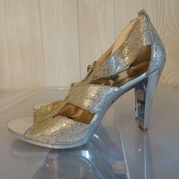 Michael Kors Size 9M Berkley T-Strap Silver Gold Glitter Zip Peep Toe Heels READ - Picture 3 of 16